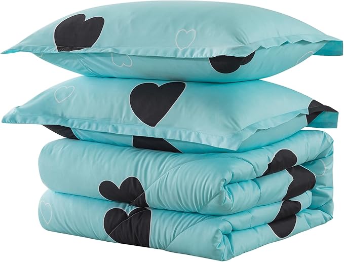 Heart Pattern Girls Comforter Set Twin Size, Light Blue Cute Love Print Comforter Bedding Set, Soft Microfiber Comforter Set with Pillowsham