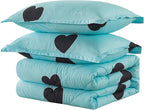 Heart Pattern Girls Comforter Set Twin Size, Light Blue Cute Love Print Comforter Bedding Set, Soft Microfiber Comforter Set with Pillowsham