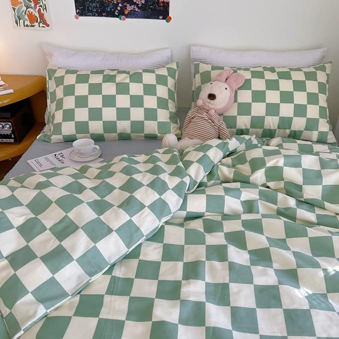 Wellboo Green and White Comforter Sets Twin Women Men Sage Green Checkerboard Grid Bedding Comforters Cotton Boys Girls Modern Grass Green Plaid Checkered Quilts Modern Buffalo Geometric Abstract Bed