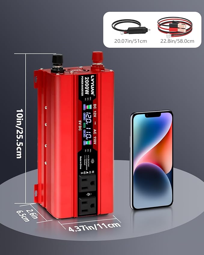 LVYUAN 1000W Car Power Inverter 12V to 110V DC to AC with 4 US Sockets, Cigarette Lighter, LCD Display, USB Ports for Car, Home,Outdoor, Camping