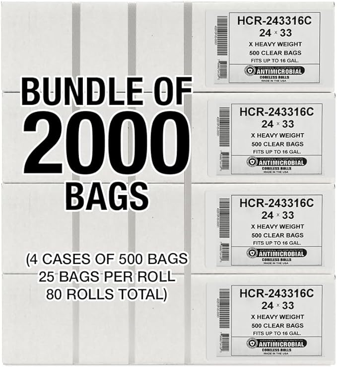 Aluf Plastics High Density Trash Bags, 12-16 Gallon, 2000 Count, 16 Micron (eq), 24" x 33", Clear, For Bathroom, Office, Industrial, Commercial, Janitorial, Municipal, & Recycling