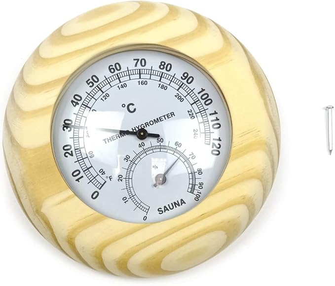 HJJKKH Sauna Thermometer Hygrometer,2 in 1 Indoor Wooden Sauna Fahrenheit Hygrothermograph for Sauna Room Humidity Temperature Measurement,Sauna Accessories (Pine-Round)
