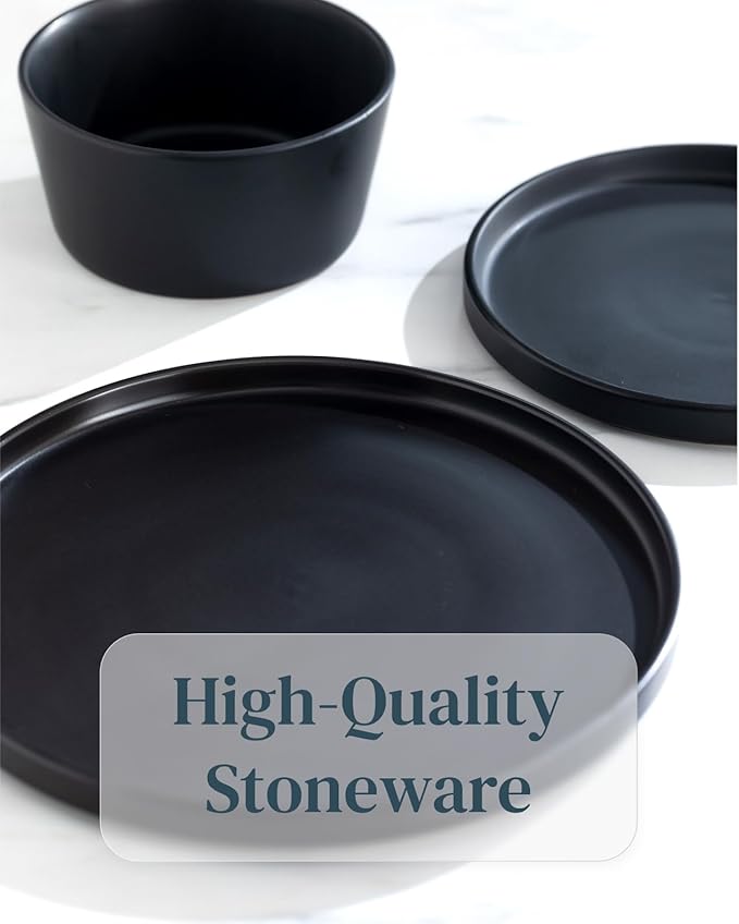 Stoneware dinnerware set 4 persons 12 pcs – Matte black plates and bowls set – Dishwasher, microwave and scratch resistant – Bowl and plate set – Dinner service Pure Living