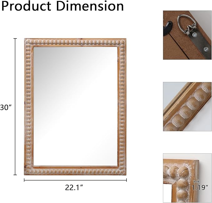 Farmhouse Bathroom Mirror 22x30 Inch - Rectangular Wall Mirrors with Wood Frame & Beaded Design - Distortion-Free Glass, Horizontal/Vertical Mount or Freestanding