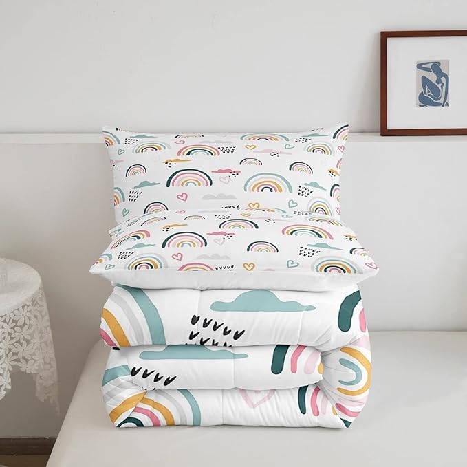 Erosebridal Rainbow Bedding Set for Kids Girls, Pink Love Heart Comforter Set King Size Cartoon Cloud Geometric Stripes Bedding Comforter for Boys Children Women Watercolor Art Girly Duvet Sets