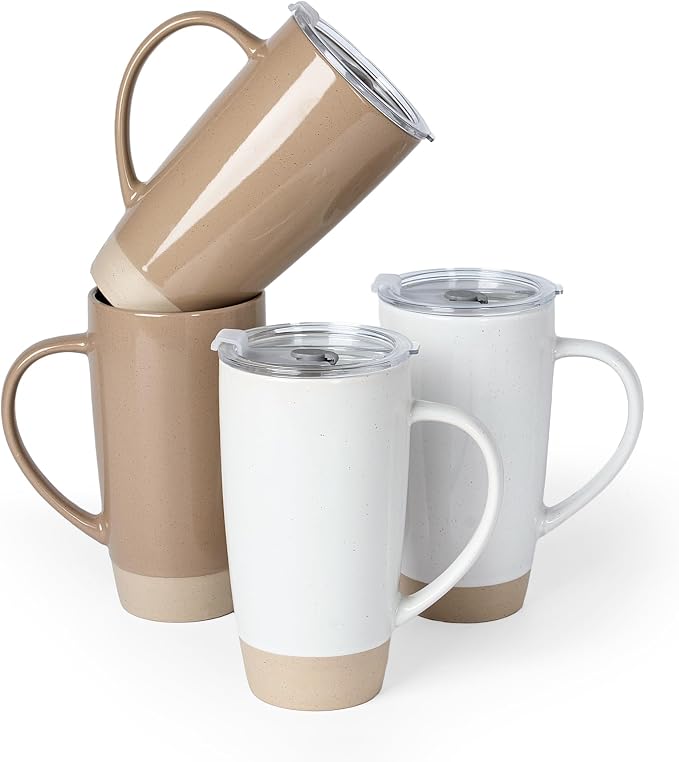 famiware Milkyway Coffee Mugs, 20oz Large Coffee Mug, Ceramic Mug Set of 4 with Lid, Cup Set with Handle for Latte, Tea, Cocoa, Milk, Home & Office, White and Cinnamon Brown