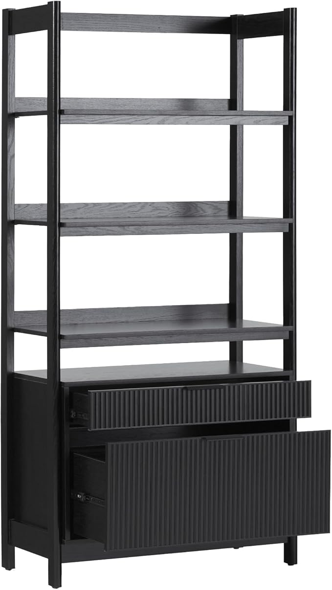 Walker Edison Modern Reeded 4-Shelf Bookshelf Bottom, 33 Inch, Two-Drawer Black