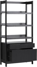Walker Edison Modern Reeded 4-Shelf Bookshelf Bottom, 33 Inch, Two-Drawer Black