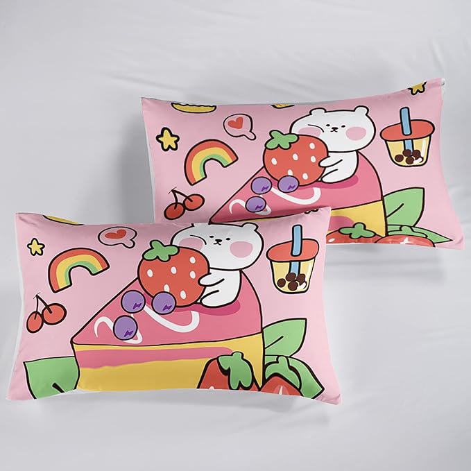 Kawaii Bear Comforter Twin,Pink Bear Comforter Set for Kids Teens Girls,3Pcs Bedding Set Printed Comforter with 2 Pillowcases,Down Alternative,Soft and Lightweight，Twin Size