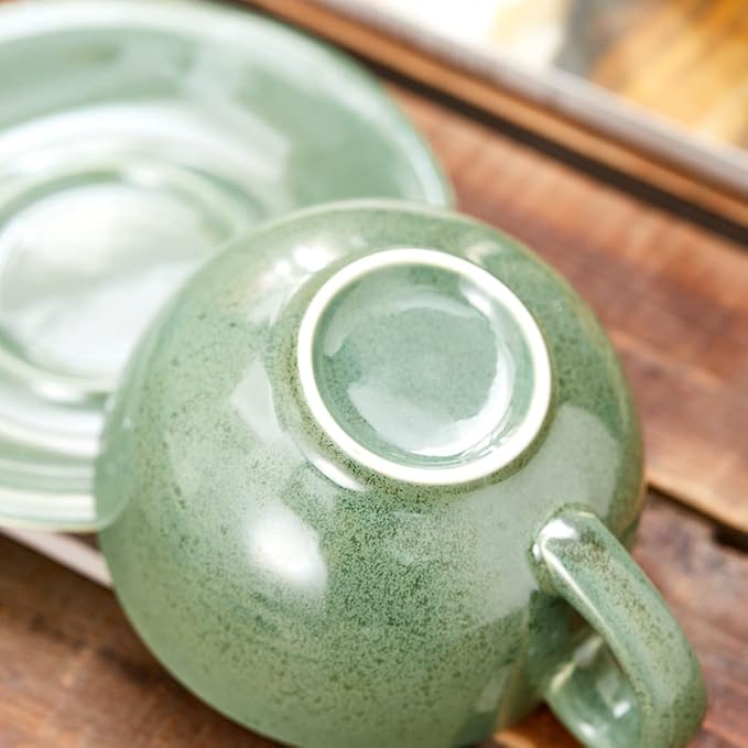 Coffeezone Vintage Design 12 oz Ceramic Latte Art Cappuccino Barista Cup with Saucer (Green)