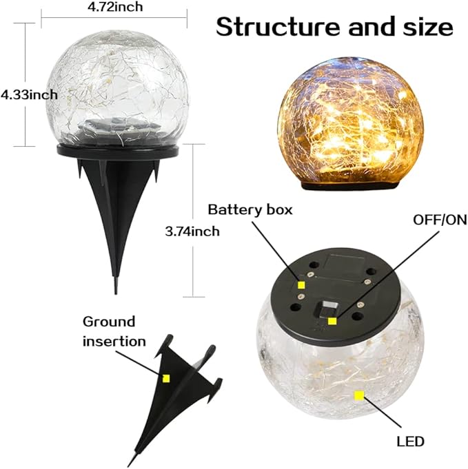 TOMEX Solar Garden Lights, Cracked Glass Ball Waterproof Warm White LED for Outdoor Decor Decorations Pathway Patio Yard Lawn, 1Pack (4.7")