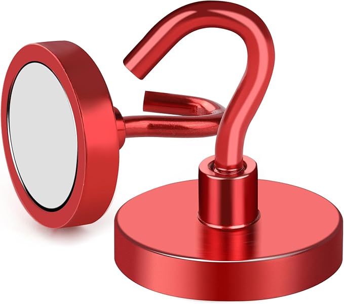 MIKEDE Strong Magnetic Hooks, 110Lbs Heavy Duty Magnetic Hooks for Cruise, Neodymium Earth Magnets with Hooks for Hanging, Super Metal Magnetic Hanger for Grill, Storage (Red,10 Pack)