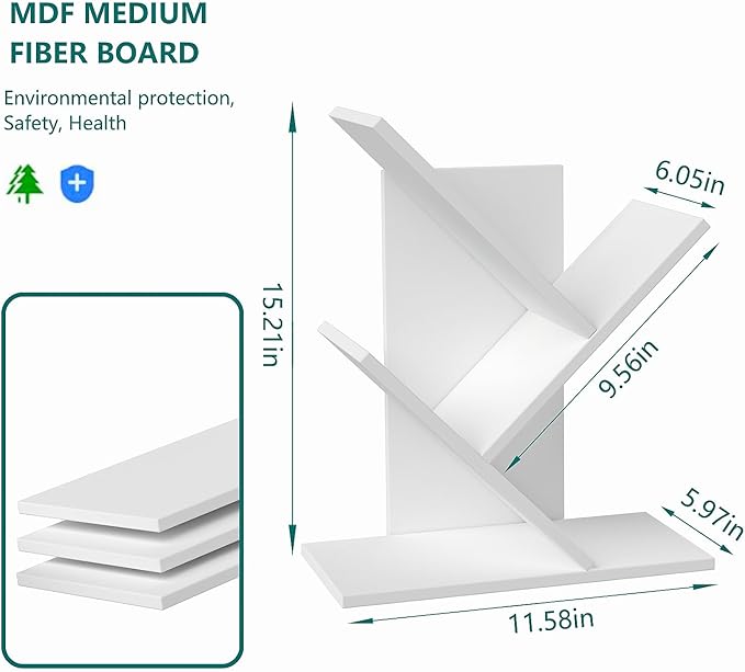 Tree Bookshelf, 3-Tier Book Storage Organizer Shelves Floor Standing Bookcase, Wood Storage Rack for Office Home School Shelf Display for Cd/Magazine（White）