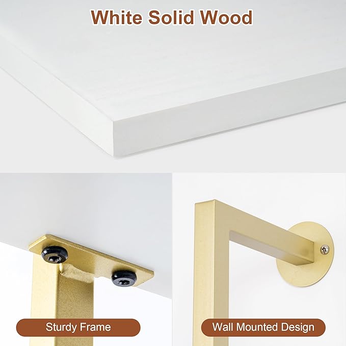 5-Tier Bookshelf Solid Wood Ladder Shelf, Narrow Book shelf Display Shelf, Wooden Ladder Shelf Bookcase, Wall Mount Ladder Shelf, Storage Rack for Living Room, Bedroom, Bathroom, White and Gold