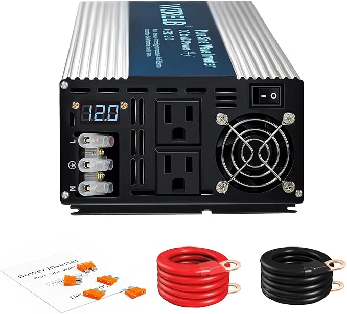 WZRELB 4000W Pure Sine Wave Inverter 12V DC to 110V 120V AC Power Converter with LED Display, Hardwire Terminal,Off-Grid Portable Power Inverter with Dual AC Outlets for Home, RV, Truck, Camping