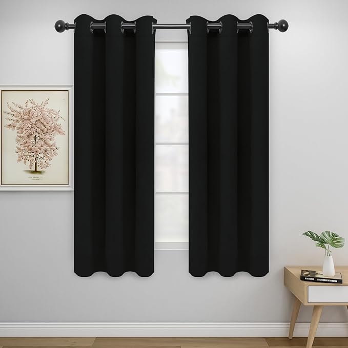 Easy-Going Blackout Curtains for Bedroom, Solid Thermal Insulated Grommet and Noise Reduction Window Drapes, Room Darkening Curtains for Living Room, 2 Panels (34x63 in, Black)