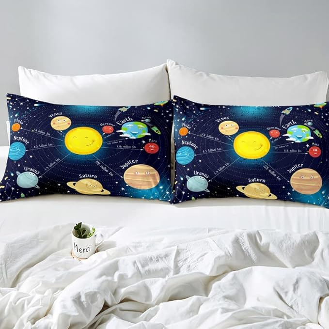 Erosebridal Outer Space Comforter Set Starry Sky Bedding Set Full Size for Kids Boys Girls Room Galaxy Planet Space Duvet Sets Solar System Cartoon Down Comforter 3 Pieces with 2 Pillow Cases, Blue