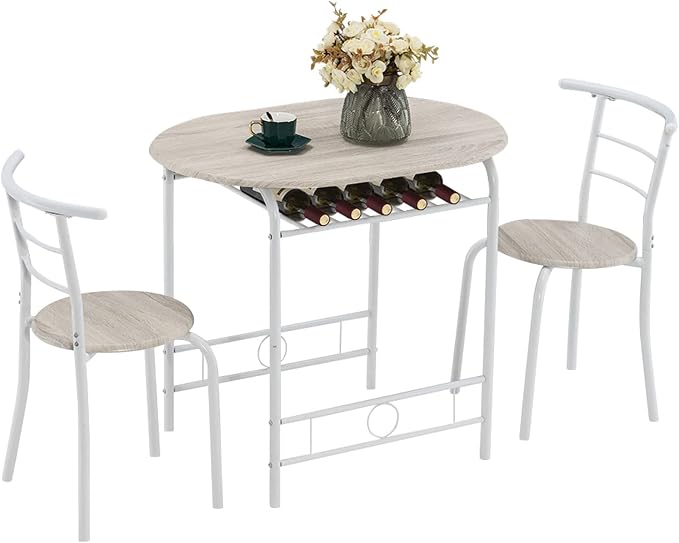 VINGLI 3 Piece Dining Set,Small Kitchen Table Set for 2,Breakfast Table Set,Kitchen Wooden Table and 2 Chairs for Small Space/Dining Room/Apartment,Metal Frame,Wine Rack,White&Light Oak