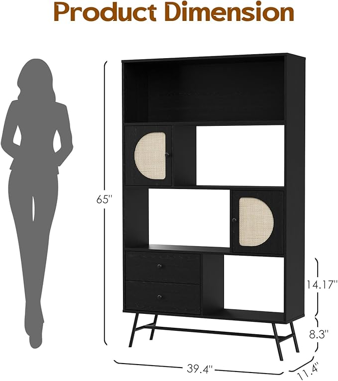 Soohow 4 Shelf Bookcase and Bookshelves with Drawer, 65” Tall Bookcases with Storage Shelves, Bookshelves and Bookcases with Rattan Cabinet and Metal Legs for Home Office, Living Room and Bedroom.