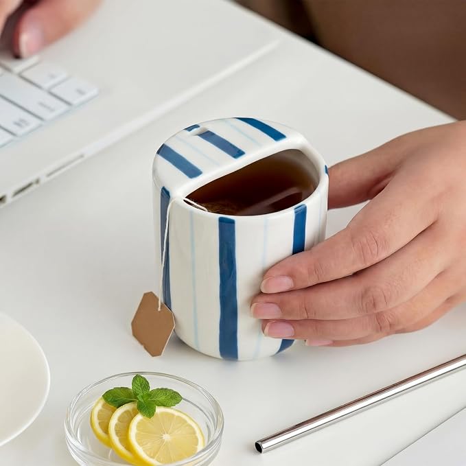 Ceramic Mug with Sip Hole 10 oz Deep and Light Blue Red Striped Ceramic Coffee Mug Hand Painted Travel Mugs Heat Resistant Non Slip Built in One Lid Mugs for Coffee Lovers Appreciation Gift