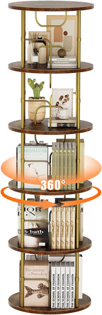 5 Tier Rotating Bookshelf, 360 ° Display Stackable Spinning Bookshelf Tower, Narrow Space Saving Tall Floor Standing Swivel Bookcase Corner Storage Organizer for Bedroom, Living Room, Gold
