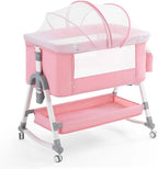 4 in 1 Baby Bassinet, Rocking Bassinets Bedside Sleeper with Comfy Mattress and Wheels, Height Adjustable Easy Folding Portable Bedside Crib for Newborn Infant,Pink