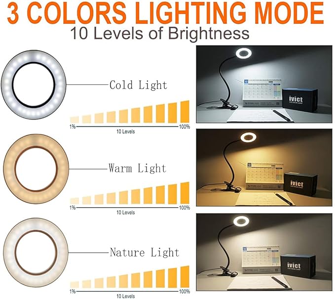 Clip on Desk Lamp, 48 LED Eye Caring Reading Light with 3 Color Modes 10 Brightness, Dimmer 360°Flexible Gooseneck USB Clamp for Reading, Working, Studying, Makeup, Nail Art (Black)