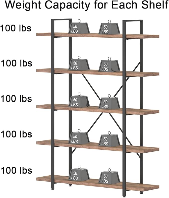 HSH Industrial Wood and Metal 5 Tier Bookshelf, Large Tall Open Rustic Wide Etagere Bookcase, Vintage Farmhouse Modern Wooden Big Book Shelf for Home Living Room Bedroom Office Storage, Rustic Oak