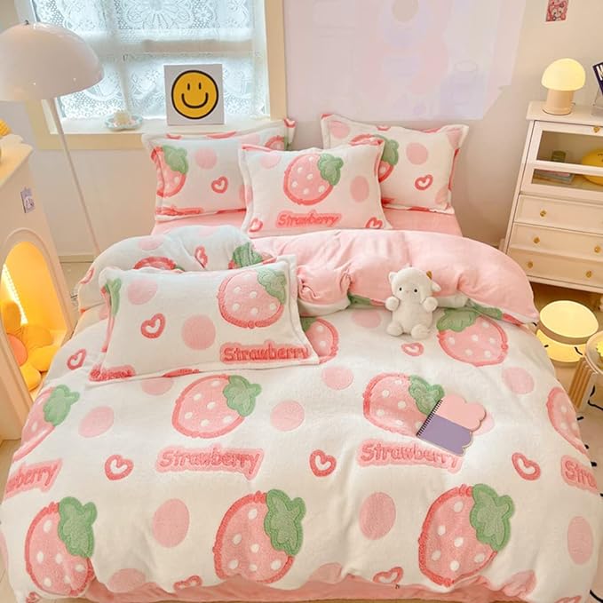 MorroMorn Pink Duvet Cover Queen, Strawberry Bedding Sets, Fluffy Comforter Covers Set, Down Alternative Blanket Ultra Soft Kawaii Cute for Girls Kids Teen Women Full Double Size