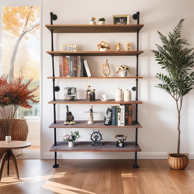 6 Tier Industrial Ladder Pipe Shelf, Wall Mounted Wood Metal Bookshelf for Living Room Storage (Weathered Brown, 10" D x 48" W x 82.5" H)