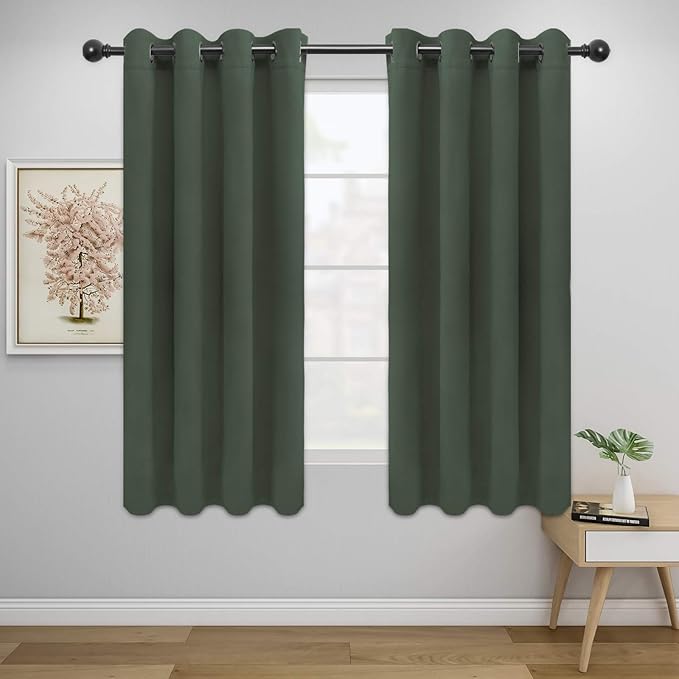 Easy-Going Blackout Curtains for Bedroom, Solid Thermal Insulated Grommet and Noise Reduction Window Drapes, Room Darkening Curtains for Living Room, 2 Panels (52x63 in,Greyish Green)