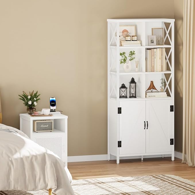 FATORRI Bookshelf with Doors, Modern Tall Bookshelf with Cabinet, Wood Book Shelf and Farmhouse Organizer Storage BookCase for Living Room (White Oak)
