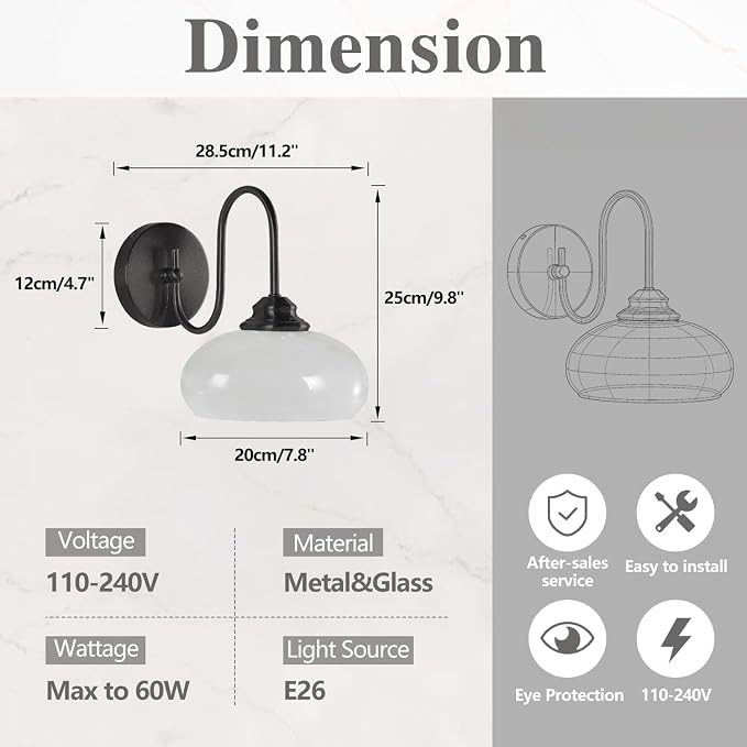 Modern Matte Black Wall Sconce Farmhouse 7.9" Milk White Glass Globe Wall Lamp for Industrial Style Hard-Wired Semi Flush Mount Wall Light Fixture for Stairway, Hallway, Bedroom