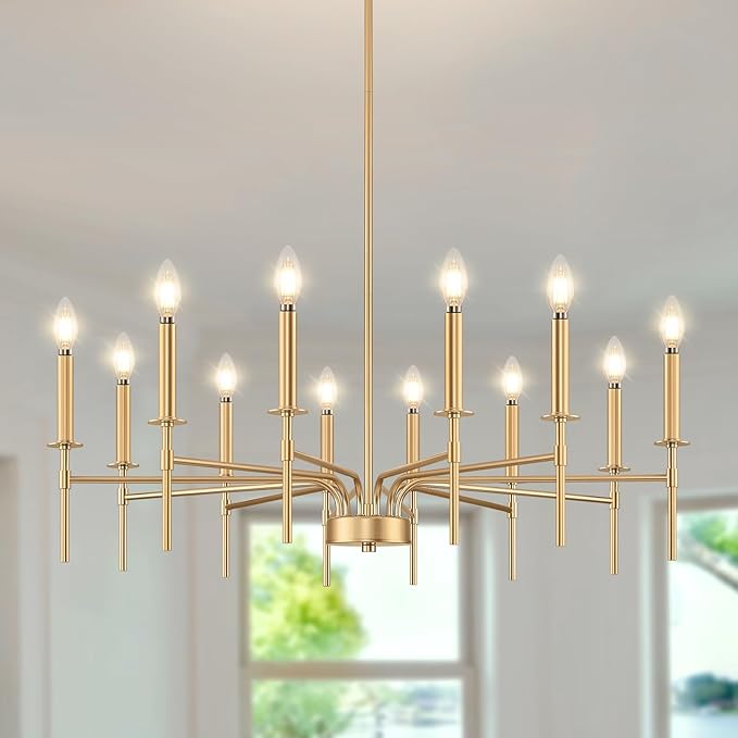 12 Light Gold Chandelier Light Fixture, Modern Farmhouse Chandeliers for Dining Room Light Fixture, Metal Candle Pendant Chandelier for Foyer Entryway Stairs Living Room Bedroom Kitchen