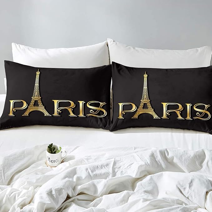 Erosebridal Eiffel Tower Comforter Set, City Building of Paris Bedding Set Queen Size, Gold Black Duvet Sets for Kids Boys Girls Teens Bedroom, Soft Microfiber Bedding Comforters with 2 Pillow Cases