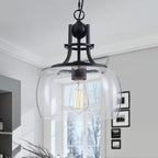 WUZUPS Chandelier Rustic Farmhouse Industrial Round Ceiling Pendant LED Light Fixture with Clear Glass Shades for Dining Room Kitchen Island Foyer Entryway, H 13" x W 10", E26 Base, Black