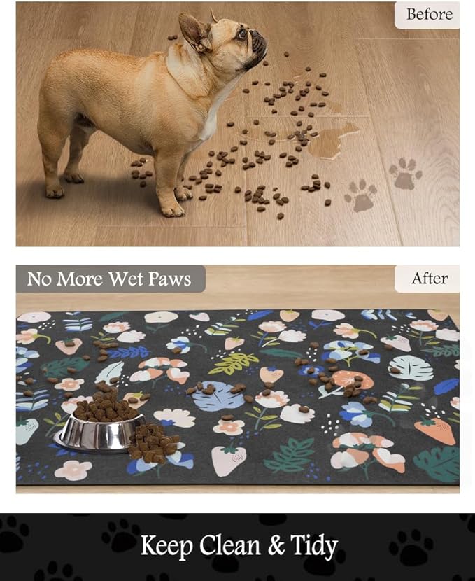 Pet Feeding Mat-Absorbent Dog Mat for Food and Water Bowl-No Stains Quick Dry Water Dispenser Mat-Dog Accessories Pet Supplies-Bowl for Messy Drinkers（DARKFLOWERS,17"x34"