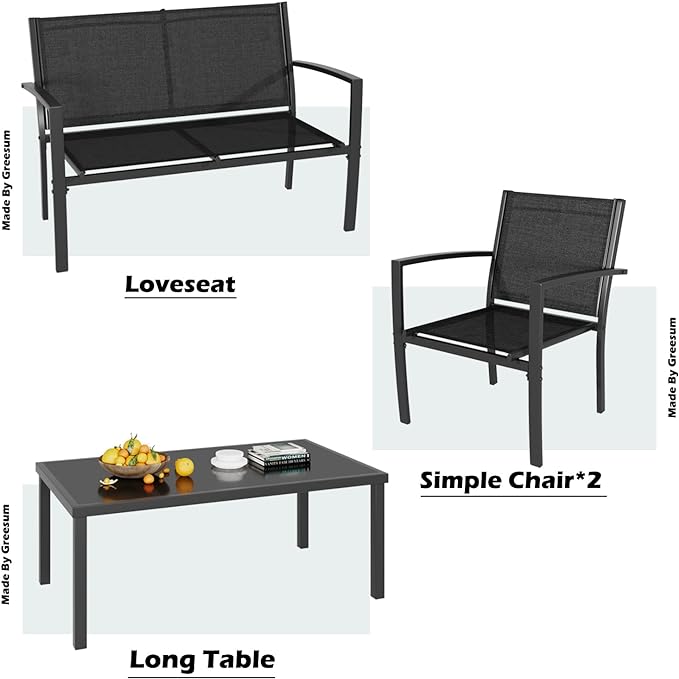 Greesum 4 Pieces Patio Furniture Set, Outdoor Conversation Sets for Patio, Lawn, Garden, Poolside with A Glass Coffee Table, Black