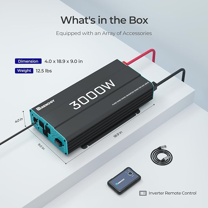 Renogy Inverter P2 3000W Pure Sine Wave Inverter 12V DC to 120V AC Converter for Home, RV, Truck, Camping, Trailer, with Wired Remote Controller, Support Li, AGM, SLD, GEL, FLD Batteries