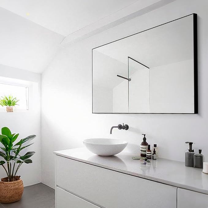 Bathroom Wall Mirror, Decorate Bathroom Mirrors for Wall, Rectangle Modern Bathroom Wall Mounted Mirror Vertical or Horizontal Hanging for Living Room (Black Framed 40’’ x 24’’)