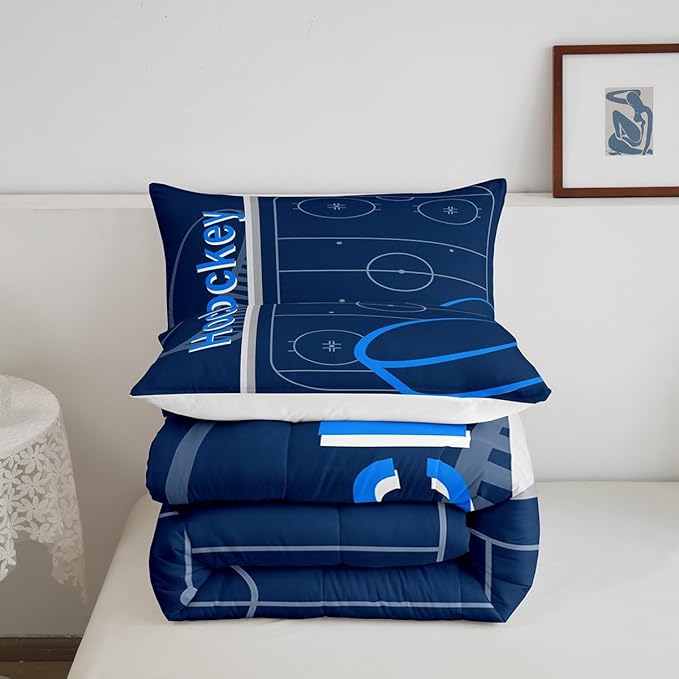 Feelyou Kids Ice Hockey Comforter Set Queen Size Ice Sports Games Bedding Set for Boys Girls Teens Bedroom Decor Hockey Player Comforter Puck Hockey Duvet Set with 2 Pillow Case