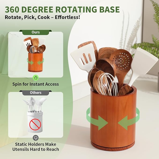Wood Utensil Holder, 360° Rotating 7.3 in Kitchen Organizer | Rustic farmhouse countertop decor. 360° rotating base holds spatulas, ladles, tongs, and cooking tools. Rich cherry finish
