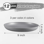 12 Pcs Unbreakable Deep Dinner Plates Set, 9 inch Reusable Plastic Wheat Straw Plates, Microwave and Dishwasher Safe Plate for Kitchen, Lightweight Plate for Dessert, BPA Free, 4 Colors