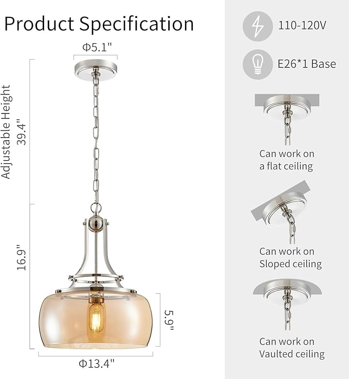 WUZUPS Nickel Chandelier Rustic Farmhouse Industrial Round Ceiling Pendant LED Light Fixture with Amber Glass Shade for Dining Room Kitchen Island Foyer Entryway, H 17" W 13.4", E26 Base