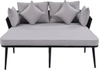 Patio Daybed Set for 2, Outdoor Furniture All-Weather Sofa Sunbed with Adjustable Iron Feet, Woven Nylon Rope Backrest, Washable Cushions and Pillows, for Balcony, Poolside, Gray