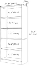 Wood Bookcase 5-Shelf Freestanding Display Shelf Organizer Wooden Bookshelf for Home Office School (Grey 11.8" D x 31.5" W x 67.9" H)