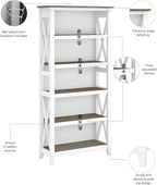 Bush Furniture BSH24470221 Key West 5-Shelf 66-Inch H Bookcase, Shiplap Gray/Pure White
