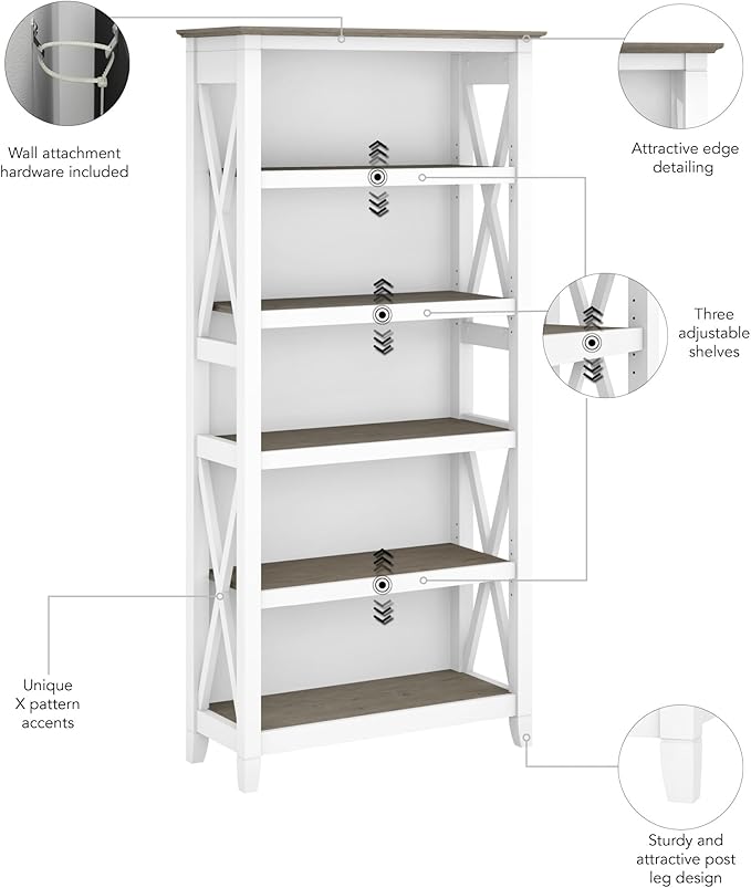 Bush Furniture BSH24470221 Key West 5-Shelf 66-Inch H Bookcase, Shiplap Gray/Pure White