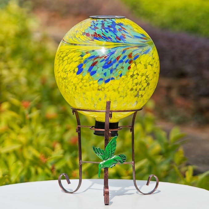 10" Diameter Solar Gazing Ball and 8.5" Metal Stand Indoor Outdoor Glass Globe Sphere Yard Art Ornament Solar Gazing Balls for Garden,Lawn,Porch,Patio Gardening Gift for Women(Yellow)