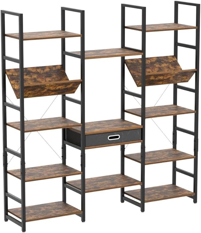 NUMENN Triple Wide 5 Tier Bookshelf, Adjustable Rustic Industrial Style Book Shelves, Modern Bookcases and Bookshelves Furniture for Bedroom, Living Room and Home Office, Vintage Brown